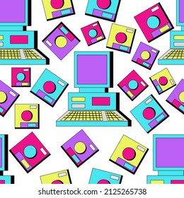 Seamless pattern with an old computer and floppy disks in retro style. Colorful background with vintage diskettes of the 90s and a large computers