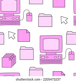 Seamless pattern with old computer, folders, document icons and symbol of computer arrow. Vector background im retrowave, y2k, 90s, 00s concept.