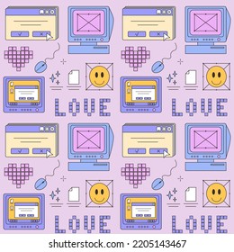 Seamless pattern of old computer window, glasses, computer mouse. Concept of 2000s, 1990s, 00s, Y2k aesthetic weird 2000 style. Groovy prints for tee, streetwear, print templates, textile.