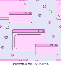 Seamless pattern with old computer windows, hearts, and computer arrow. Vector background in retrowave, y2k, 90s, 00s concept.
