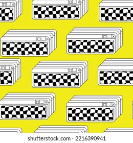Seamless pattern with old computer windows and distorted wavy cage. Vector background in retrowave, y2k, 90s, 00s concept.