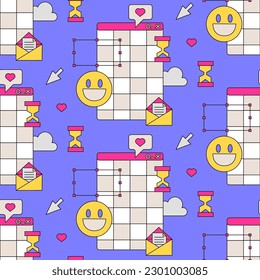 Seamless pattern with old computer windows, clouds, smiling emoji and computer arrow. Trendy Vector background in retrowave, y2k, 90s, 00s style.