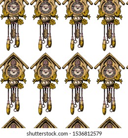 Seamless pattern with old Cuckoo clock in vintage engraved style.
