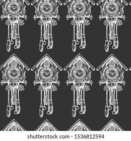 Seamless pattern with old Cuckoo clock in vintage engraved style.