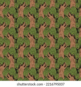 Seamless pattern with old deciduous trees. Vector background with dense forest in a flat cartoon style. Stylised trees with lush foliage and hollows on thick trunks.