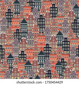 Seamless pattern with old european buildings. Netherlands houses.
