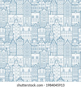 Seamless pattern of old european city. Holland houses facades in traditional Dutch style. The Decorative Architecture of Amsterdam. Background for coloring books, fabrics, web.