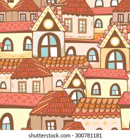 Seamless pattern of old european houses, red roofs and windows. 