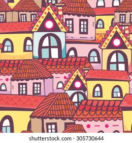 Seamless pattern of old european houses, red roofs and windows.