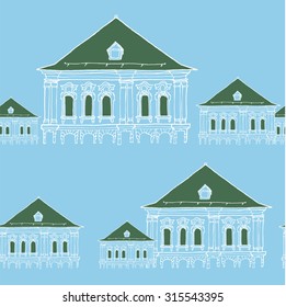 Seamless pattern of old green houses on turquoise background