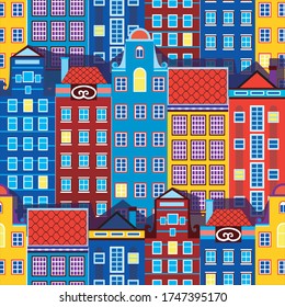 Patrón sin foco con la antigua arquitectura de gran altura de Ámsterdam, Gran Bretaña o Europa. Ilustración vectorial de material plano brillante con un patrón de casas viejas para imprimir en textiles o papel envolvente