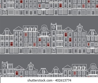 Seamless pattern with old historic buildings of Amsterdam. Flat style vector illustration. 