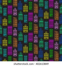 Seamless pattern with old historic buildings of Amsterdam. Flat style vector illustration. 