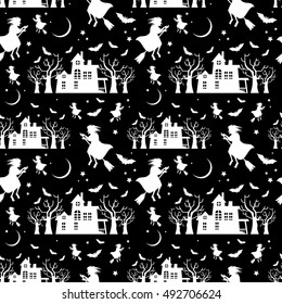 Seamless pattern with old house silhouette and flying witch. Halloween background. Vector clip art.