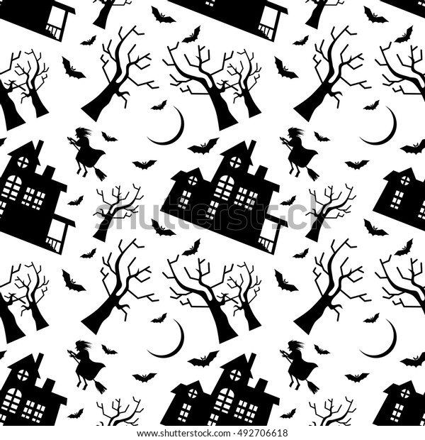 Seamless pattern with old\
house silhouette and flying witch. Halloween background. Vector\
clip art.
