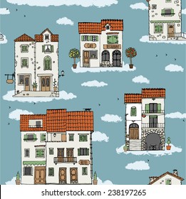 Seamless pattern of old houses. Hand drawn sketch. Vector illustration.