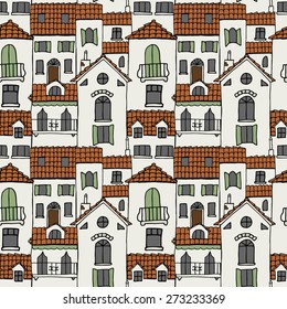 Seamless pattern of old houses. Hand drawn sketch. Vector illustration.