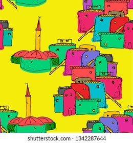 seamless pattern with old houses and mosque. Image of an arab village. Colorful background for designs in oriental style, wallpapers, interior and decorations.