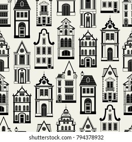 Seamless pattern with old houses. Stylized facades. Can be used on packaging paper, fabric, background for different images, etc.