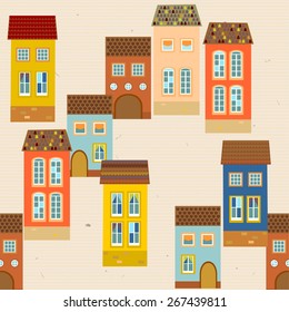 Seamless pattern with old houses with tiled roof. Blue, terracotta, orange, beige background. Vector.