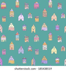 Seamless pattern with old houses. Old town, sketch, doodles.