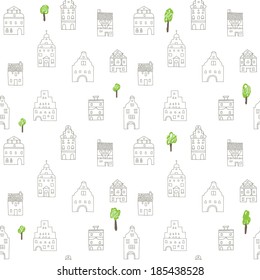 Seamless pattern with old houses. Old town, sketch, doodles.