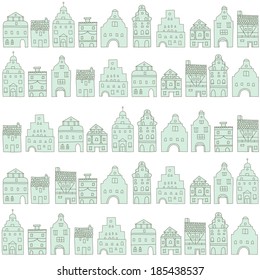 Seamless pattern with old houses. Old town, sketch, doodles.