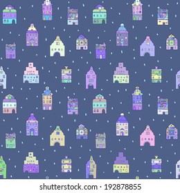 Seamless pattern with old houses. Old town, sketch, doodles.