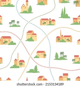 Seamless pattern with old houses and trees. Vector illustration.