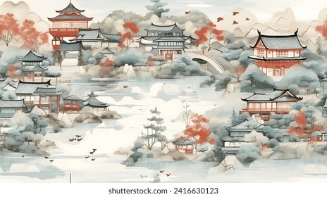 Seamless Pattern of old Japan vintage village abstract style. Watercolor paint hand draw. asia continent design.