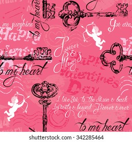 Seamless pattern with old key in grunge style and calligraphic text, on pink background. Happy Valentines Day design, Vintage background.