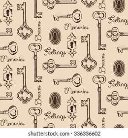 Seamless pattern of the old keys and keyholes. Diary cover design vector illustration