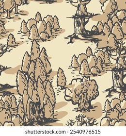 Seamless pattern of old map. Forest top view. Park view from above. Sketch background with trees aerial POV.