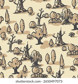 Seamless pattern of old map. Hand drawn forest top view. Different trees view from above. Doodle background with trees aerial POV.