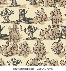 Seamless pattern of old map. Hand drawn forest Park view from above. Doodle background with treestop view. Good for web print and wallpaper