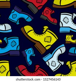 Seamless pattern. Old multi-colored boots isolated on a blue background. Hand drawn vector flat graphic illustration. Texture.