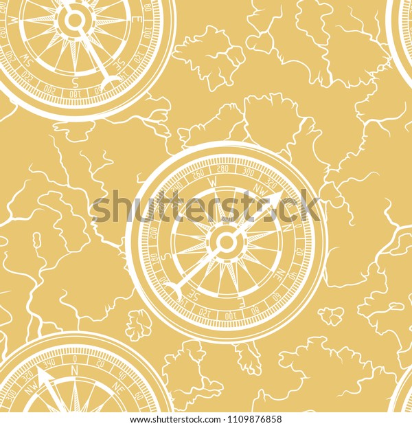 Seamless pattern with old nautical map. Islands\
and vintage retro\
compass.