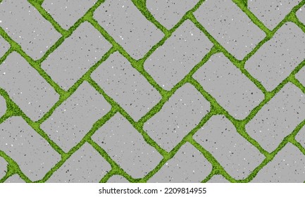 Seamless Pattern Of Old Pavement With Moss And Herringbone Textured Bricks. Vector Pathway Texture Top View. Outdoor Concrete Slab Sidewalk. Cobblestone Footpath Or Patio. Concrete Block Floor