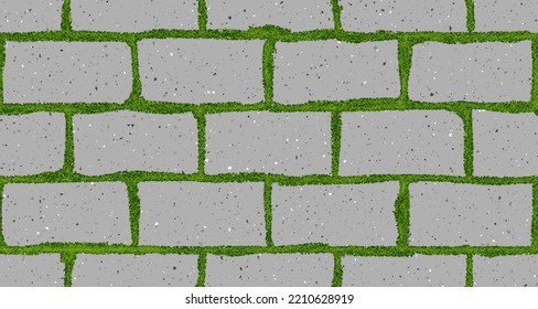 Seamless pattern of old pavement with moss and interlocking textured bricks. Vector pathway texture top view. Outdoor concrete slab sidewalk. Cobblestone footpath or patio. Concrete block floor