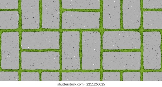 Seamless pattern of old pavement with moss and textured bricks. Vector pathway texture top view. Outdoor concrete slab sidewalk. Cobblestone footpath or patio. Concrete block floor
