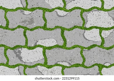 Seamless pattern of old pavement with moss and figured interlocking cracked old bricks. Vector pathway texture top view. Outdoor slab sidewalk. Cobblestone footpath or patio. Concrete block floor