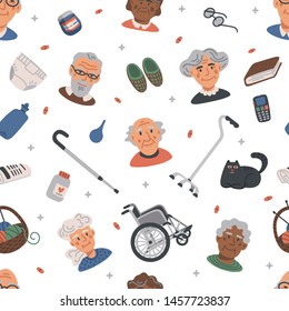 Seamless pattern with Old people. Portraits of Elderly persons and nursing home items on white background, medical care concept. Nursing home. Senior people healthcare assistance flat Vector