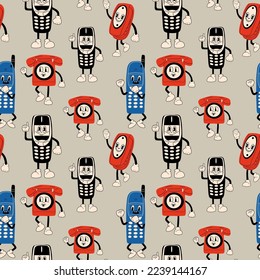 Seamless pattern with Old phone with antenna, Flip Phone. Cute cartoon character with hands, legs, eyes. Retro comic style.