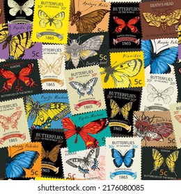seamless pattern with old postage stamps with various bright beautiful butterflies and their names on a light background. Vector postage stamps with postmark in retro style