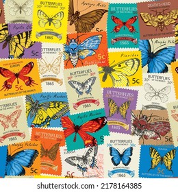 seamless pattern with old postage stamps with various bright beautiful butterflies and their names on a light background. Vector postage stamps with postmark in retro style