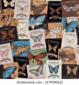 seamless pattern with old postage stamps with various bright beautiful butterflies and their names on a light background. Vector postage stamps with postmark in retro style