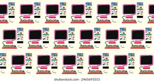 Seamless pattern with old retro computer in Y2k style. Colorful vector background of pink computer in isometric. Nostalgia for 1990s -2000s.