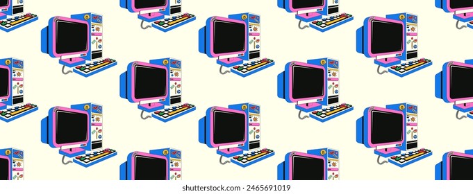 Seamless pattern with old retro computer in Y2k style. Colorful vector background of pink computer in isometric. Nostalgia for 1990s -2000s.