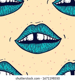 Seamless pattern in old retro vintage style of lips with teeth gap. Vector trendy illustration for notebook, textile, wallpaper, tshirt in a hand drawn style.