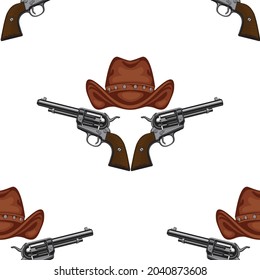 Seamless pattern with old revolvers and brown cowboy hats on a light backdrop. Repeating vector background in retro style. Suitable for wallpaper, wrapping paper, fabric or graphic print for clothing